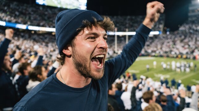 Excited fan cheering at a football stadium