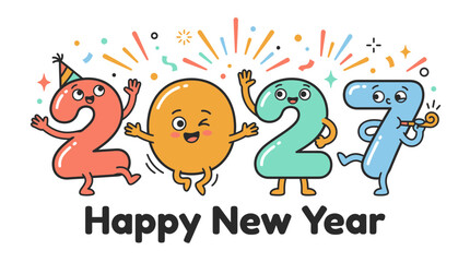 Fototapeta premium Cute cartoon characters representing the year 2027 celebrating happy new year 23.