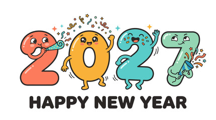 Fototapeta premium Cute cartoon characters representing the year 2027 for a Happy New Year celebration 1.