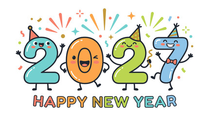 Fototapeta premium Cute cartoon characters representing the year 2027 for a happy new year celebration.