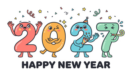 Fototapeta premium Cute cartoon characters representing the year 2027 for Happy New Year celebration.