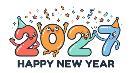 Fototapeta premium Cute cartoon characters representing the year 2027 with confetti.