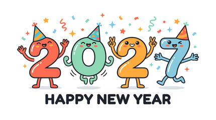 Fototapeta premium Cute cartoon numbers 2027 celebrating happy new year with party hats.