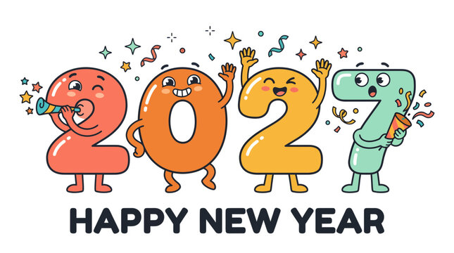Cute cartoon characters representing the year 2027 celebrating happy new year 13.