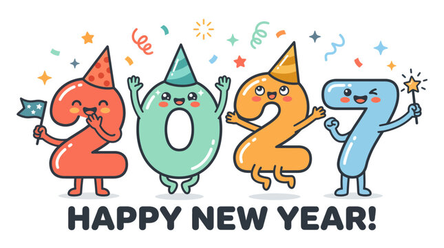 Cute cartoon characters representing the year 2027 celebrating happy new year 14.
