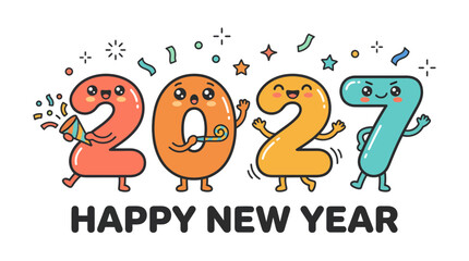 Fototapeta premium Cute Kawaii Cartoon Numbers 2027 Celebrating Happy New Year.