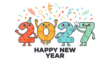 Fototapeta premium Happy New Year 2027 Cartoon Character Numbers Celebration 3.