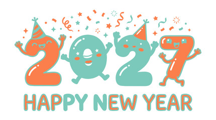 Fototapeta premium Happy New Year 2027 Celebration Greeting with Cute Cartoon Numbers.