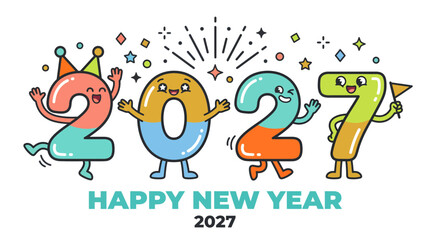 Fototapeta premium Happy New Year 2027 Celebration with Cute Anthropomorphic Cartoon Numbers.