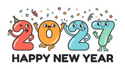 Fototapeta premium Happy New Year 2027 greeting card with cute cartoon numbers characters.