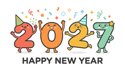 Naklejka premium Happy New Year 2027 greeting card with cute anthropomorphic number characters.