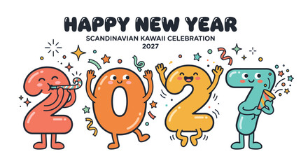 Naklejka premium Happy New Year 2027 Scandinavian Kawaii Style Number Characters Celebration.