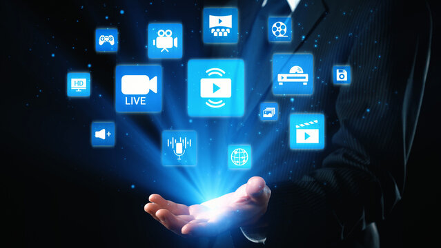 Multimedia technology with video, audio, photo and streaming icons representing digital media, communication and online platforms in a modern multimedia world. Gist