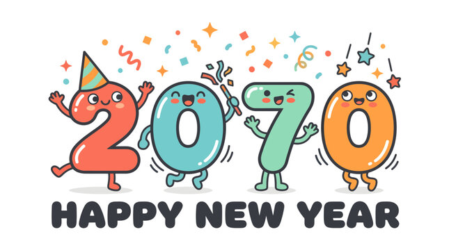 Happy New Year 2070 Cute Cartoon Numbers Illustration.