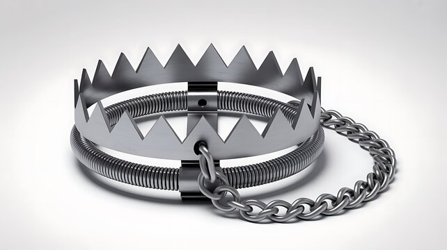 Metal bear trap with sharp teeth and iron chain