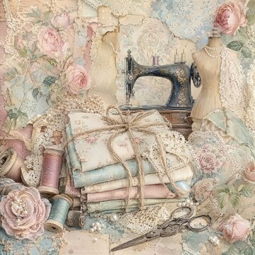 Vintage Sewing Room Collage with Roses and Lace