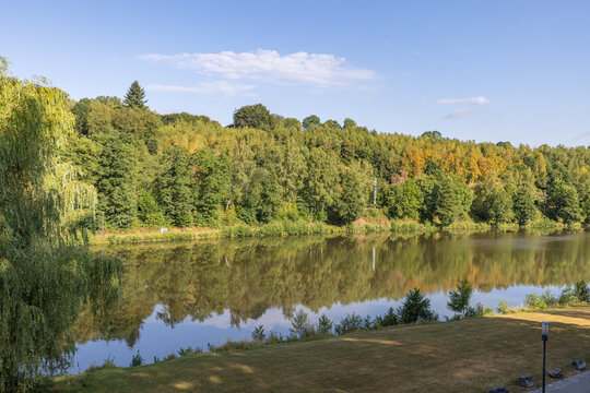 Tranquil lake waters reflecting vibrant green forest trees and hills on a clear summer day at Lac des Doyards - Belgium