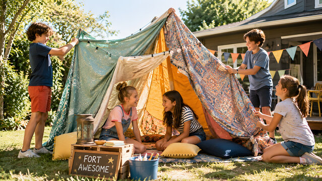 Happy children building a colorful backyard fort together, encouraging creativity, teamwork, imagination, friendship, and outdoor play during summer.