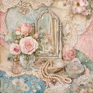 Vintage Vanity with Roses and Pearl Necklace