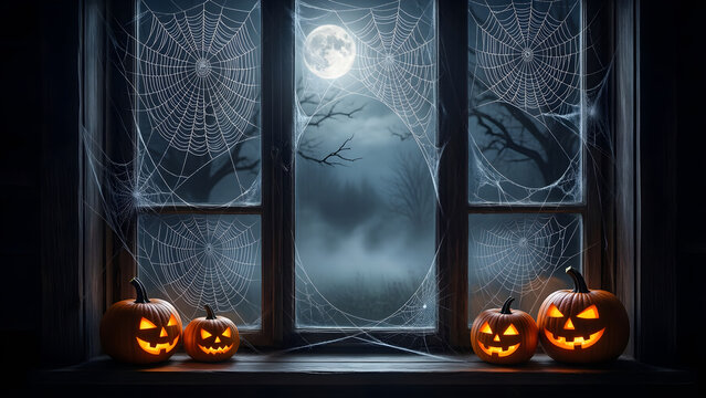 Halloween spiderweb window with moonlight and pumpkins