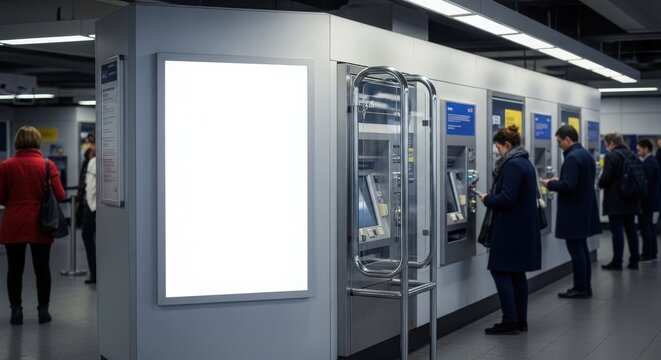 People queuing at ticket machines in a modern subway station with a blank advertising billboard.
