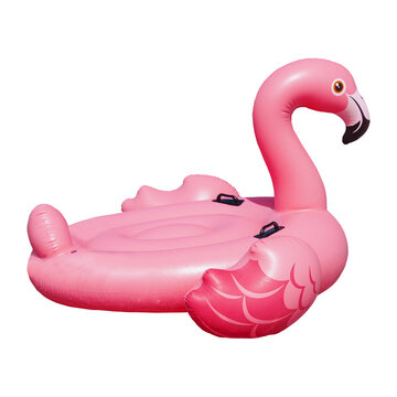A large inflatable pink flamingo pool toy complete with black handles, a detailed head, and stylized wings, designed for lounging and water fun. Beach accessory, PNG asset