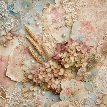 Vintage autumn collage with dried hydrangea and lace