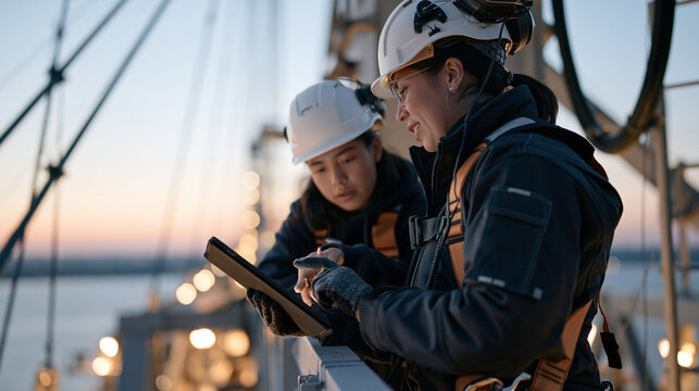Bridge inspection engineer and her teenage apprentice reviewing structural documentation on a tablet at twilight, standing on a steel gantry above a river, blue hour light washing
