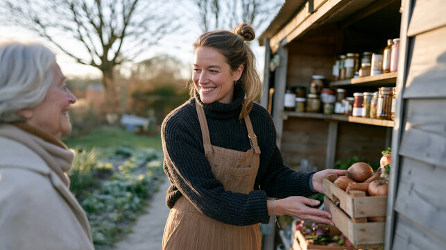 An organizing consultant arranges a client's outdoor winter shed with hyperlocal seasonal produce and preserved goods, an elderly woman client watching from a garden path