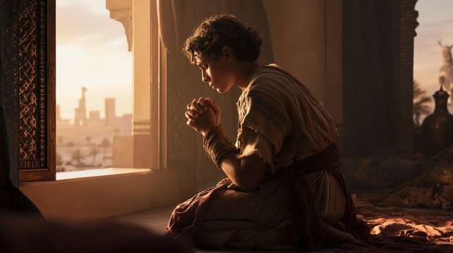 Daniel kneeling in prayer beside an open window facing Jerusalem during the Babylonian exile.
