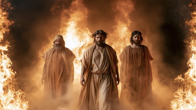 Shadrach, Meshach and Abednego standing unharmed in the fiery furnace surrounded by blazing flames.