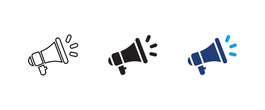 megaphone icon set, loudspeaker vector, marketing announcement symbol, promotion bullhorn sign, advertising broadcast graphic, voice alert element