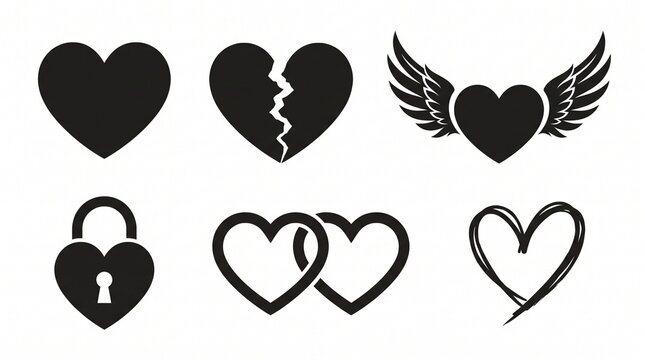 Broken Heart and Love Symbols Black Silhouette Collection
