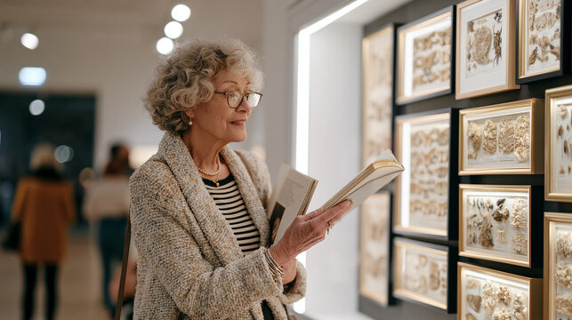 A museum docent stands beneath warm gallery spotlights examining a display case of preserved insect protein specimens during a solitary December evening exhibition walkthrough,