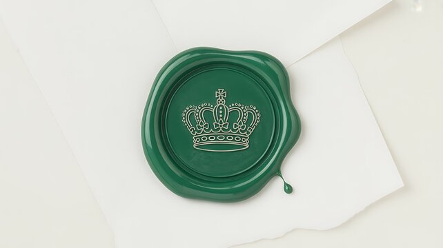 Green wax seal with a royal crown symbol on a letter