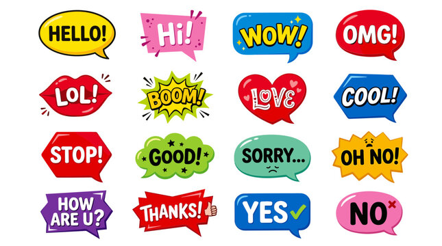 Colorful Speech Bubble Collection with Hello, Hi, Wow, OMG, LOL, Boom, Love, Cool, Thanks, Yes and No Comic Expressions