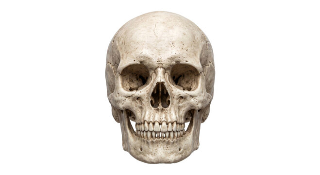 Close-up front view of a human skull with detailed bone structure and teeth