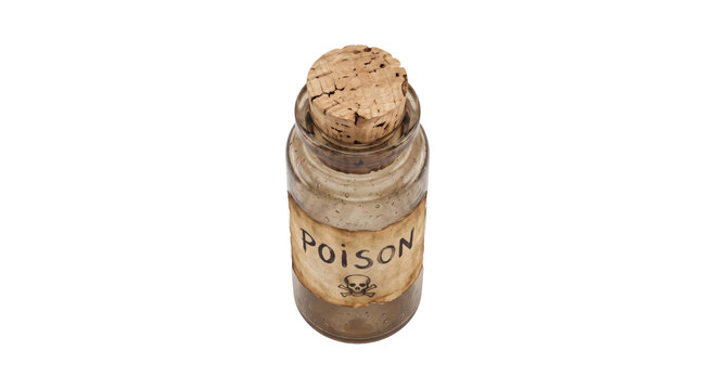 Antique glass bottle with cork stopper labeled poison and skull symbol