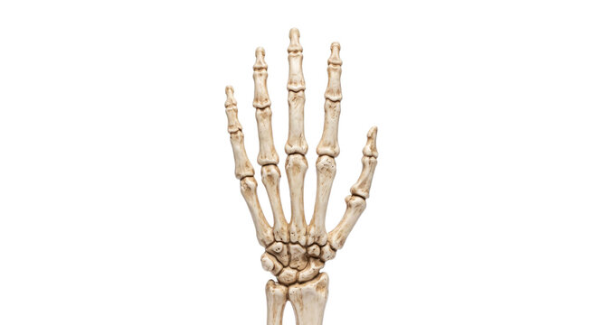 Close-up of a realistic human skeleton hand with articulated fingers and wrist bones