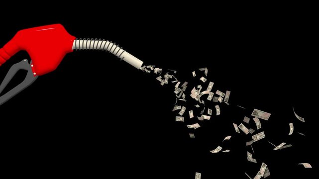 Japanese yen banknotes spraying from a fuel pump nozzle