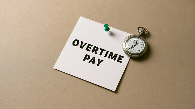 White Note with 'OVERTIME PAY' Text and Pocket Watch Pinned on a Neutral Background, Concept of Extra Work