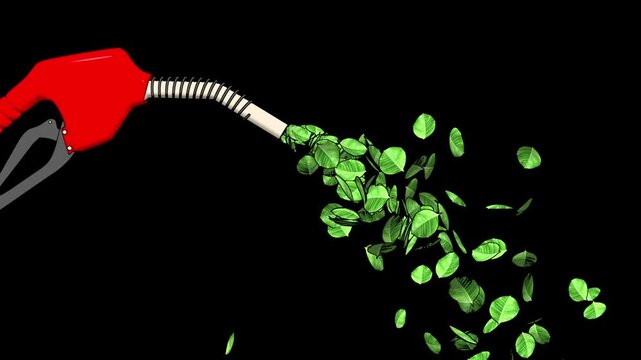 Green leaves flowing from a fuel pump nozzle representing ecofriendly energy
