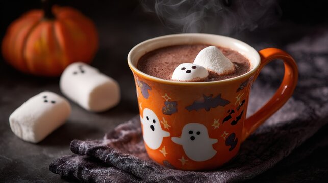 Hot cocoa beverage served in an orange mug with printed ghosts is topped with marshmallows on a rustic dark surface.