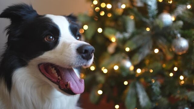 Merry Christmas. Funny cute puppy dog border collie near Christmas tree at home indoors. Pet dog with Christmas decorations. Preparation for holiday. Happy Merry Christmas at home concept