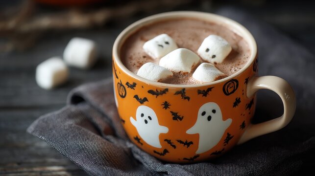 Hot chocolate drink topped with ghost marshmallows is served in an orange ceramic mug printed with bats for Halloween.