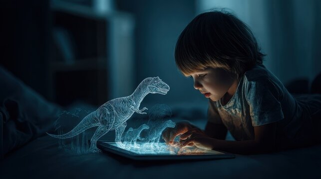 Young boy looking at a glowing dinosaur hologram projected from a digital tablet screen in a dark bedroom setting.