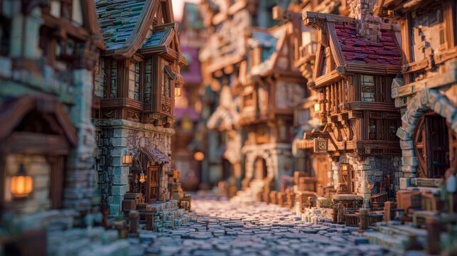 Medieval village street lined with detailed wooden buildings and cobblestones illuminated by warm ambient lighting.