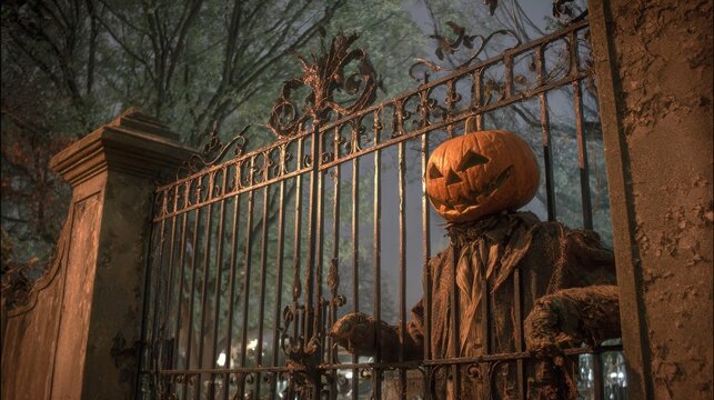 Pumpkin head figure stands behind a wrought iron gate during a foggy autumn night in a spooky Halloween setting.