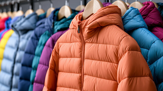 Colorful puffer jackets hanging on a clothing rack in a boutique. Perfect for fashion retail promotion or winter seasonal marketing campaign.