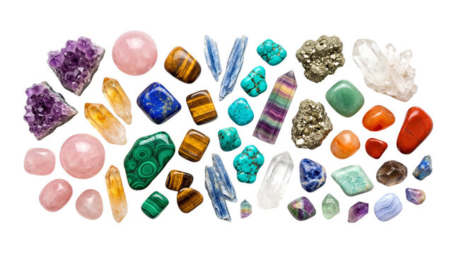 Polished colorful gemstones and natural raw crystals arranged in a flat lay on transparent background